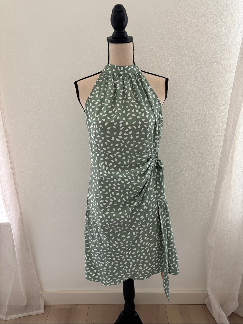 SHEIN Sage Green Halter Printed Wrap Mini Dress